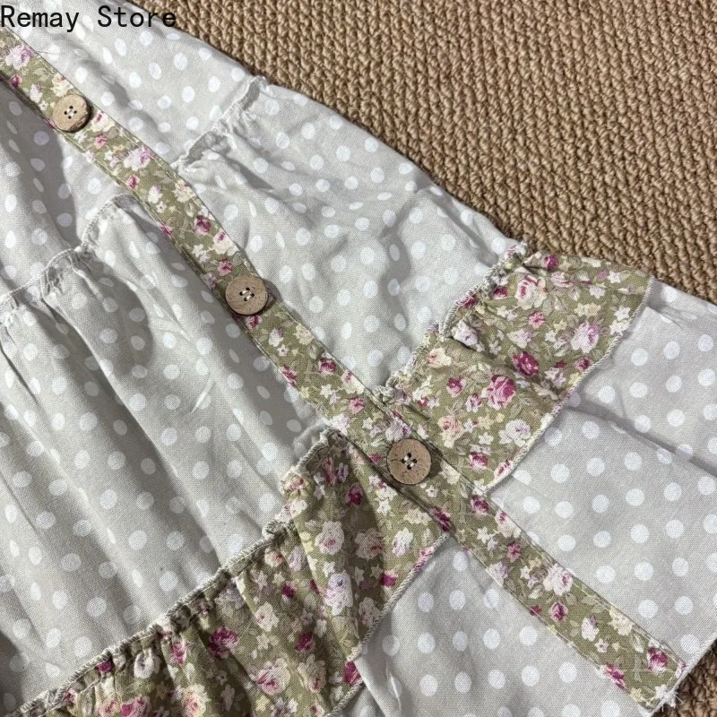 Retro Mori Elastic Waist Polka Dot Floral Skirt Women Five Button Ruffled Layered Vintage Korean Fashion Y2k Daily Casual Skirts