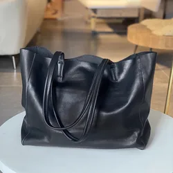 Simple leisure designer luxury natural genuine leather women black shoulder bag outdoor daily shopping soft cowhide tote bag