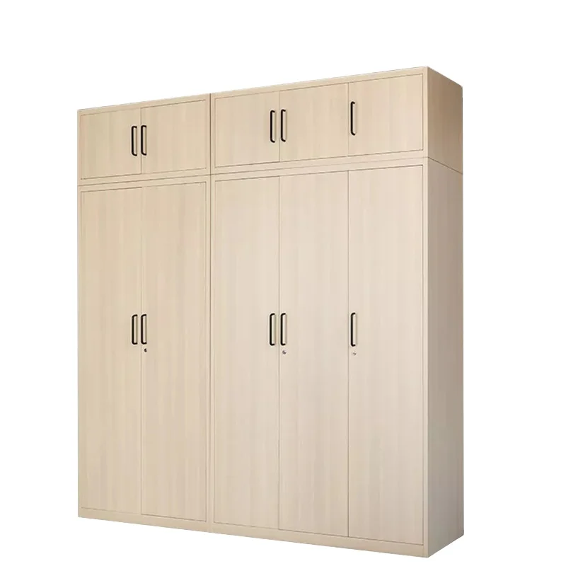 swing 3 Doors Metal Wardrobe steel storage cabinet Factory direct sale with top storage space wooden color