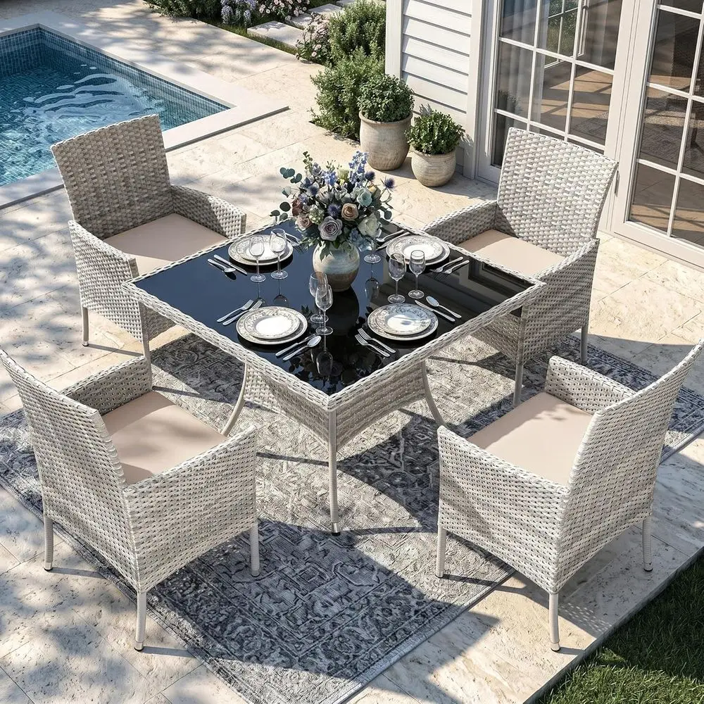 

Outdoor Dining Set, 5-Piece Patio urniture Set with Tempered Glass Table and 4 Cushioned Chairs, Dual-Strand Wicker Rattan, Balc