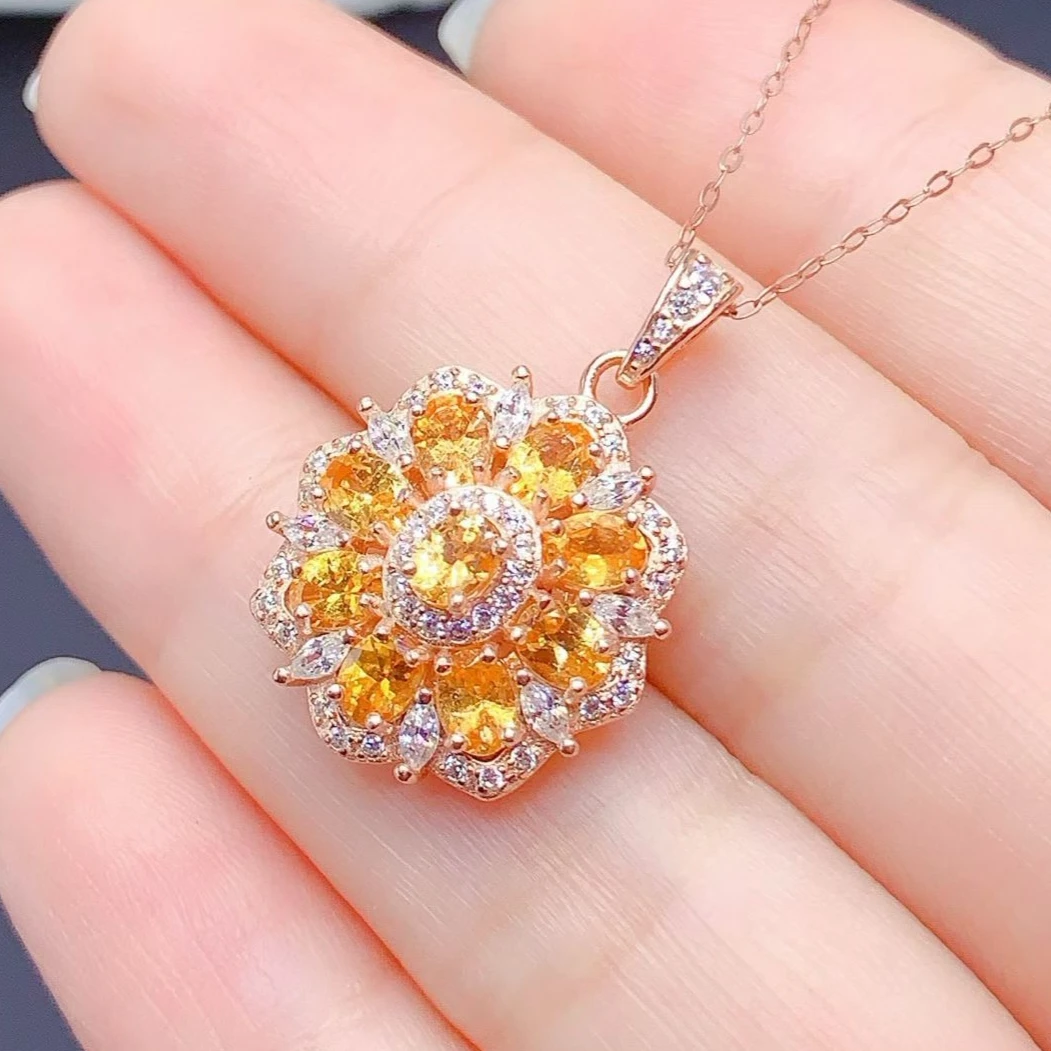輝く925シルバークリスタルペンダント-天然シトリンペンダント-本物証明書付き-高級ジュエリー-女性への誕生日プレゼント