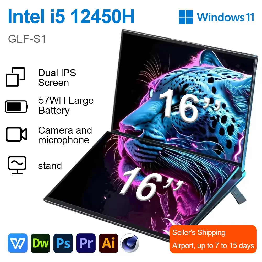 GLF-S1 Laptop 16+16 Inch Big Dual Screen Intel I3-1215U Laptop Computers Camera Windows 11 DDR4 M.2 2280 2TB WIFI Dual Notebook