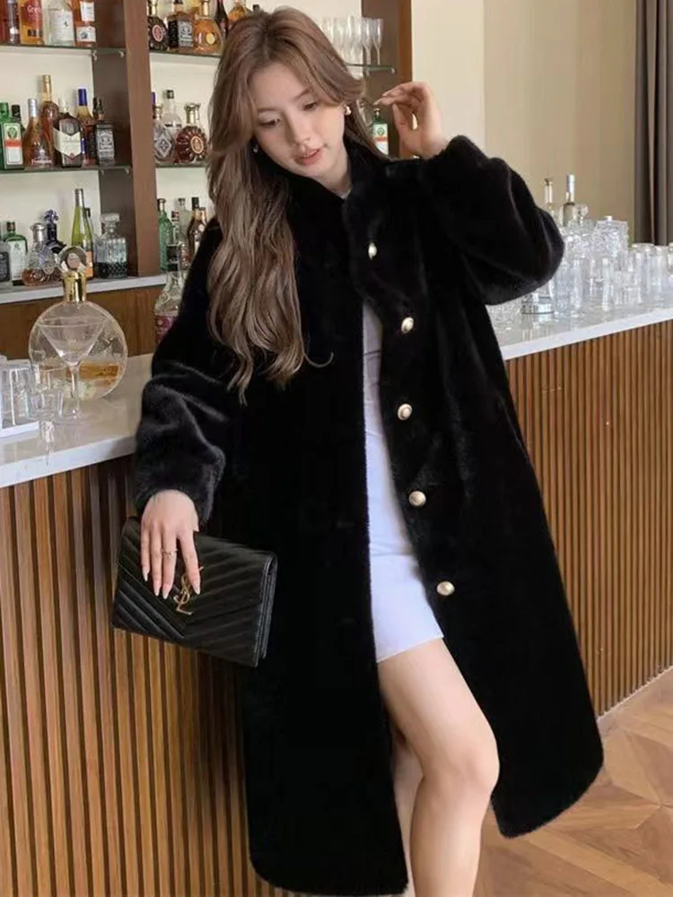 Korean Fashion Faux Mink Cashmere Jackets Elegant Double-faced Fur Stand Neck Long Coats Casual Loose Single Breasted Abrigos