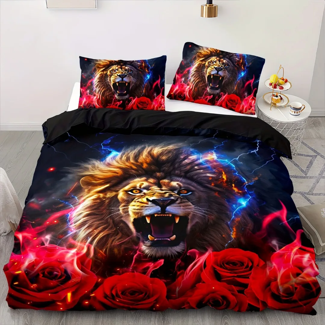 

3pcs Bedding Set Wild Lion with Blue Red Rose 3D Print Comfortable Duvet Cover King Queen Twin Single Size Bithday Gift for Boys