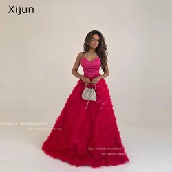 Xijun Tulle Fuschia Evening Dresses Tiered Ruffles Pleat Ruched Prom Dresses Saudi Arabric Prom Gowns For Women Party Dresses