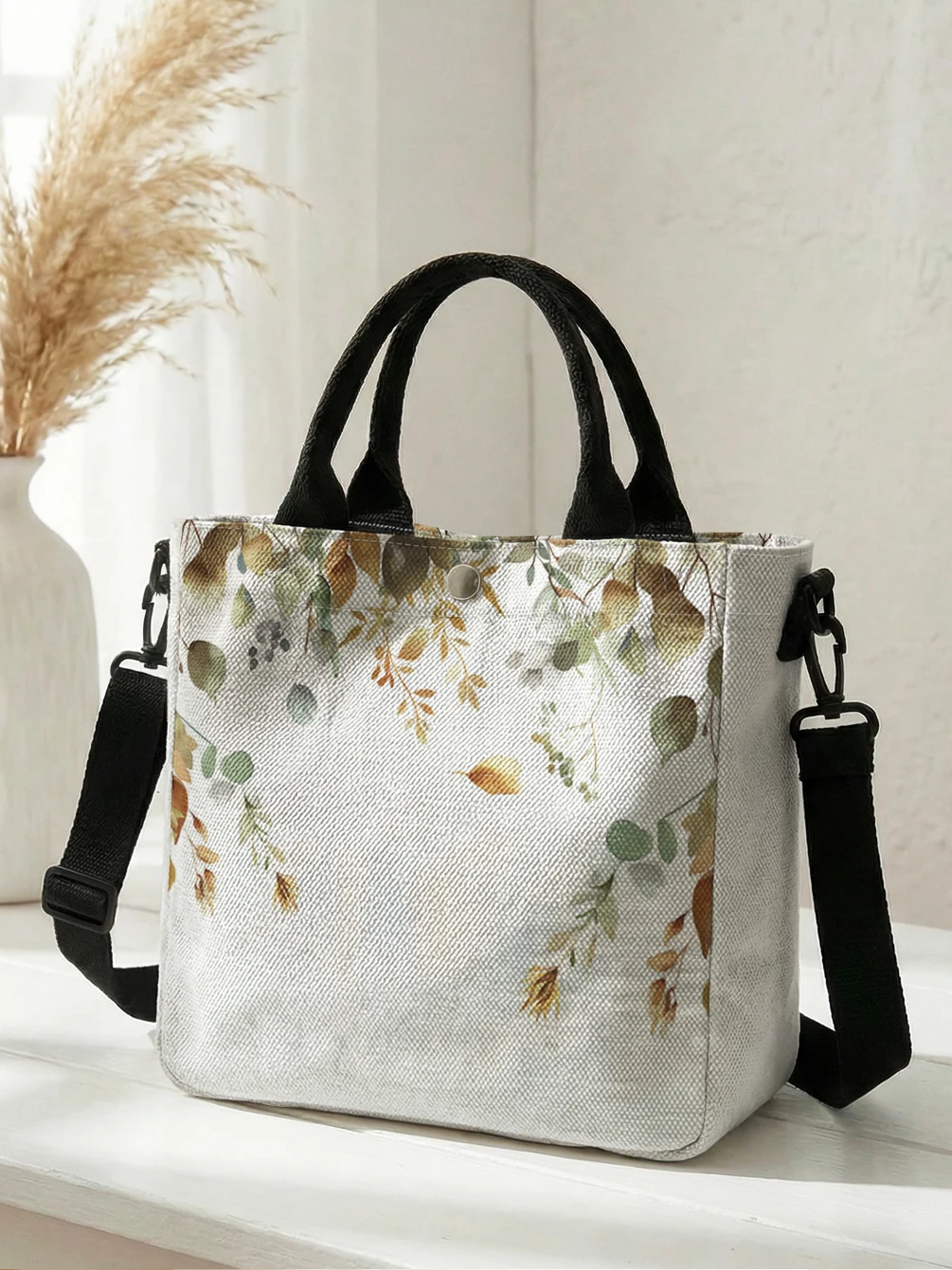 Watercolor Eucalyptus Leaf Canvas Tote Bag Detachable Strap Crossbody Handbag For Women Daily Shopping