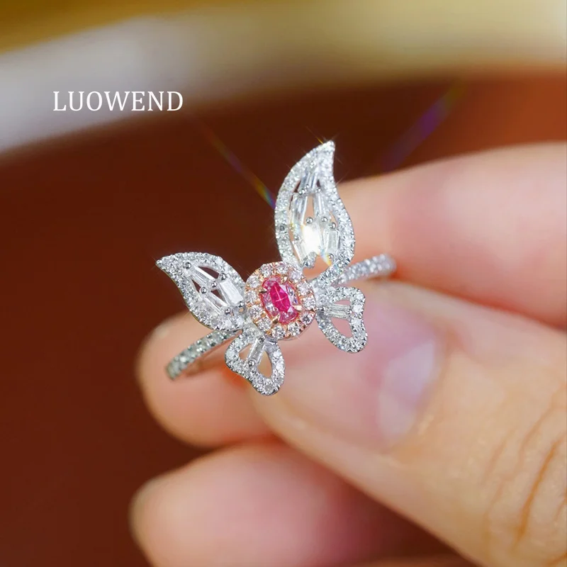 Кольца LUOWEND из 100% белого золота 18 карат, элегантное кольцо в форме бабочки с натуральным розовым бриллиантом, обручальное кольцо для женщин, изысканные ювелирные изделия