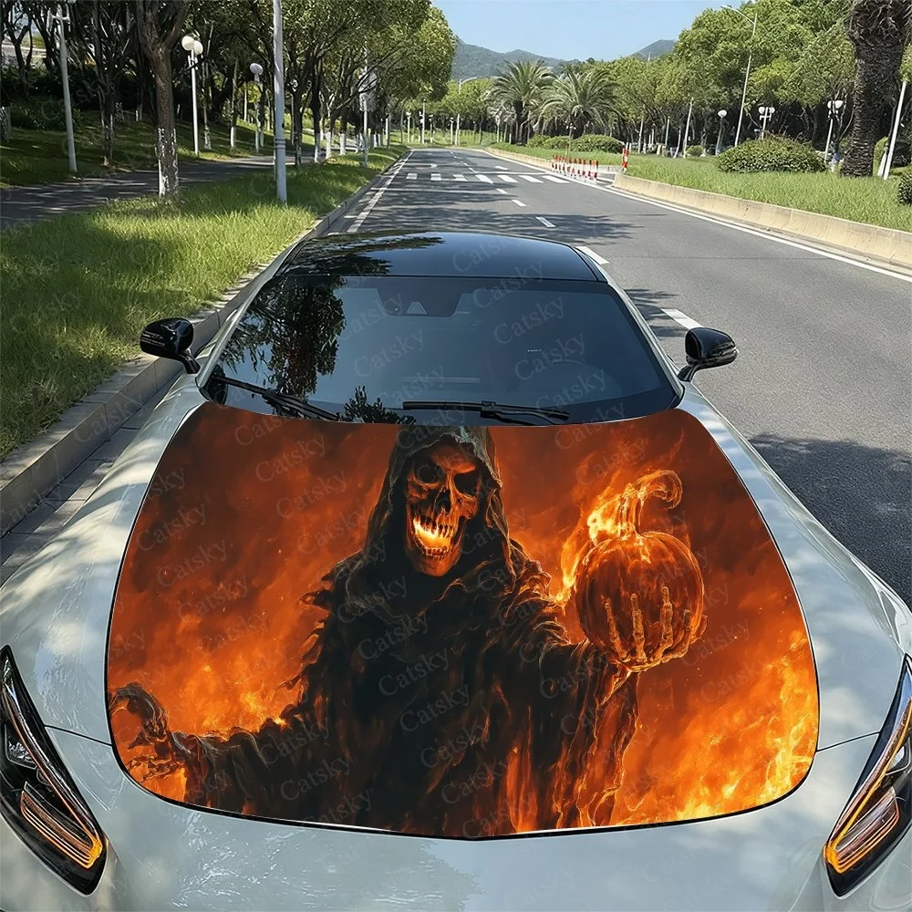 

Dark Fiery Reaper & Pumpkin Car Hood Sticker,Waterproof Self-Adhesive Vinyl Graphics Decals,Decorative Auto Accessories Stickers