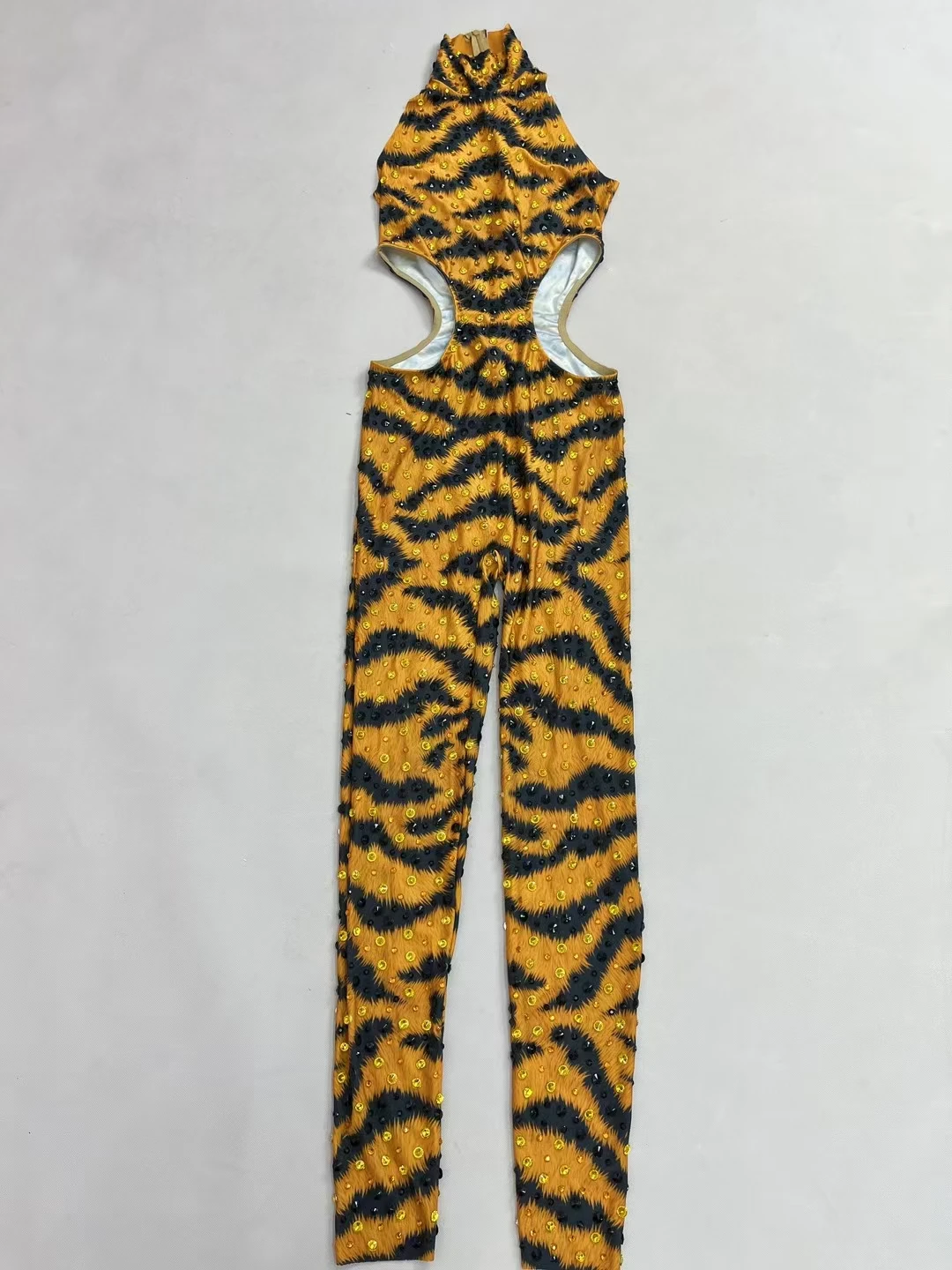 

Menghuwang Fashion Tiger Pattern Shining Rhinestones Jumpsuit Hollow Waist Bodysuit Party Show Sexy Outfit Dancer Performance