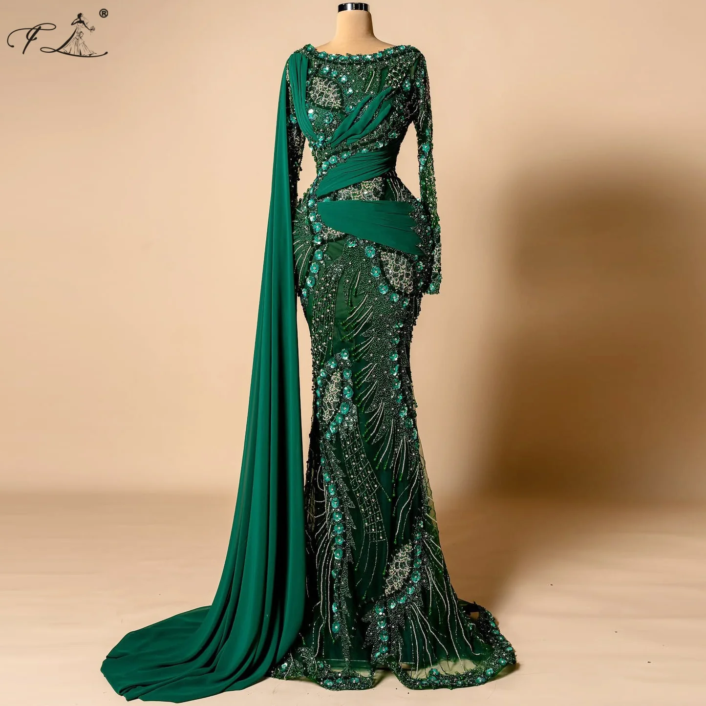 

Dark Green Applique Beaded Evening Dress With Cape Train Round Neck Long Sleeves Mermaid Dress Party Dress Can Customized