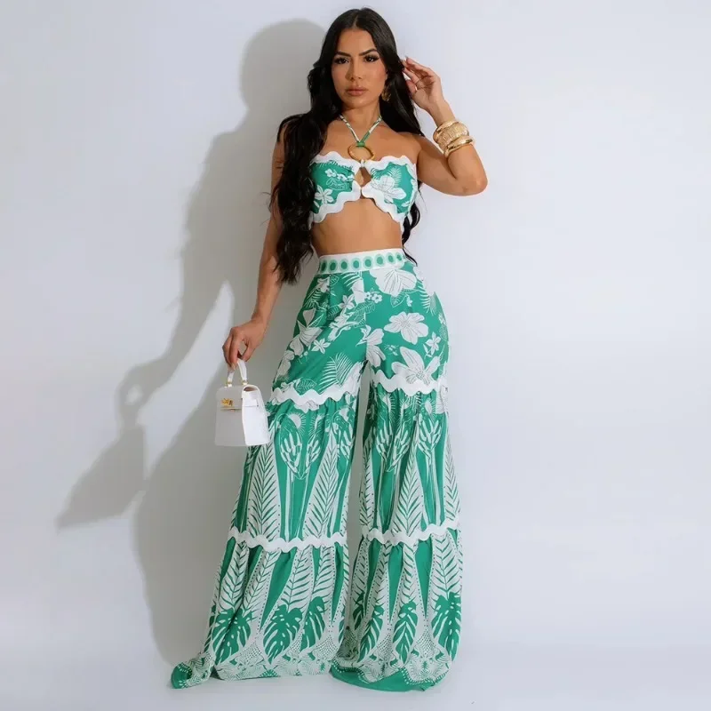 

GUWU Floral Print Women's Set Halter Strapless Top and Wide Leg Pants Sexy Summer Two Piece Set Beach Holiday Outfits Tracksuit