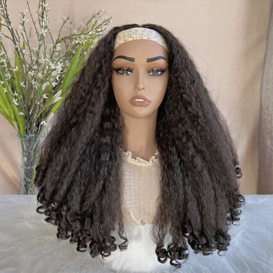 Afro Curly kinky Straight Wigs For Black Women Headband Kinky Straight Yaki Wig Glueless Black Synthetic Lace Front Wig