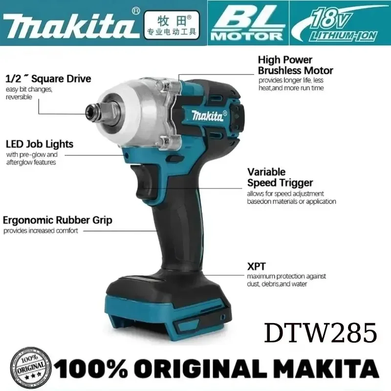 Makita DTW285 18V LXT Brushless Cordless High Torque Impact Wrench For Garage Machinery Installation Daily Repair Jobs