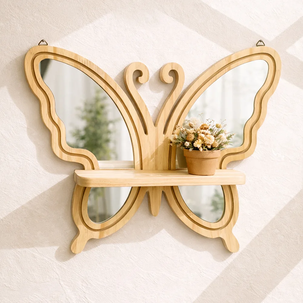 

Butterfly-shaped mirrored wall planter shelf - wooden craft decor