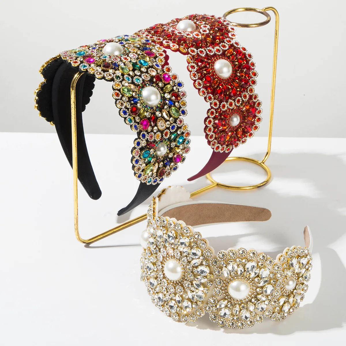 Baroque Palace Petal Widen Headband Multi Color Rhinestone Imitation Pearl Embroidery Luxury Bridal Gala Vintage Royal Hairband