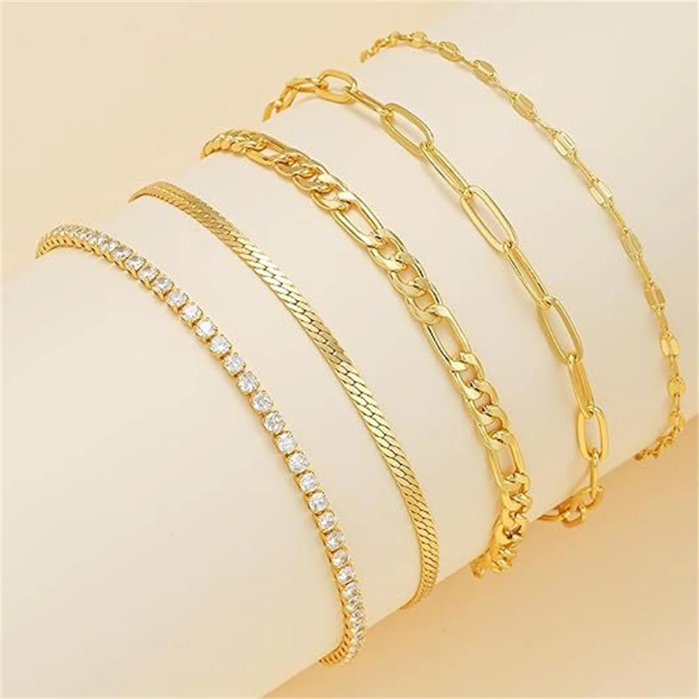 Stainless Steel Anklets Bracelets for Women Crystal Cuban Rope Chain Anklet Adjustable Summer Beach Jewelry Set