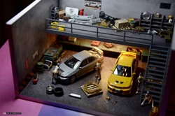 Diorama-車のガレージガレージ,リモートコントロールシーンモデル,LEDライト付きモデル,ダブルデッキ,ガレージ用,1/64スケール