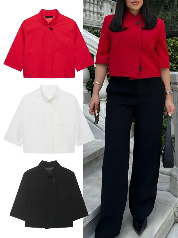 HH Casual Women's Solid Cropped Blazer 2026 Spring Summer Female Stand Collar Single Button Short Sleeve Suit Jackets Outwear