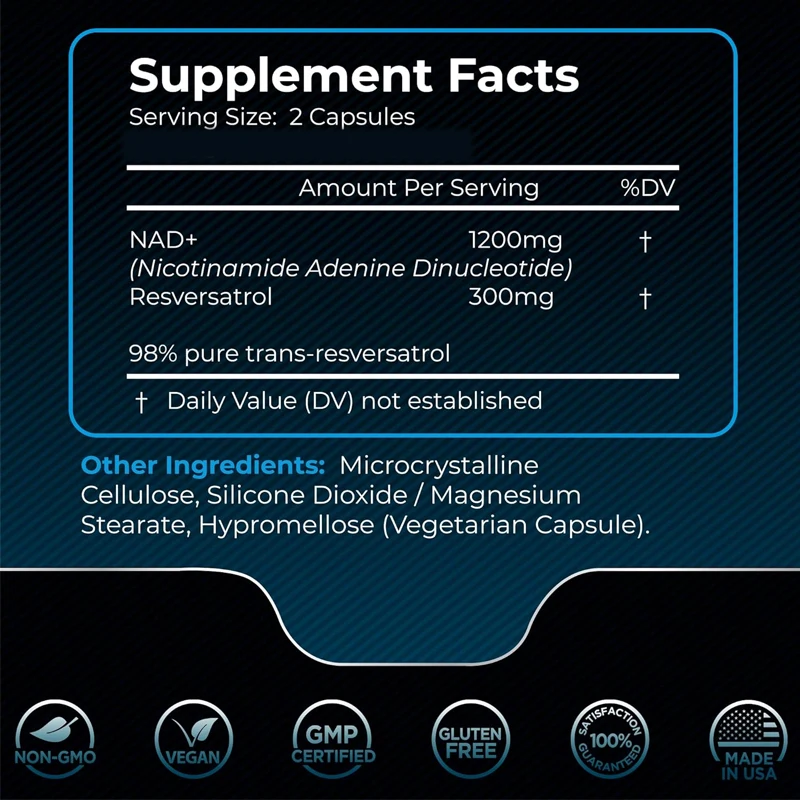 NAD supplement,1500 milligrams of resveratrol containing supplement,Nad Plus promotingsupplement supportingcell health60capsules