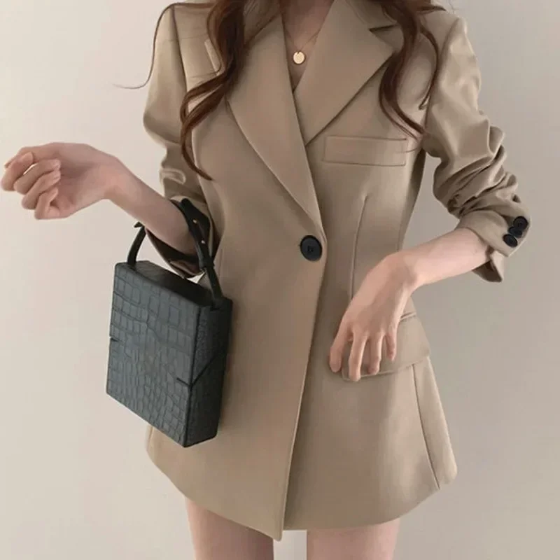 Women Solid Colors Khaki Black Mid Length Chic Blazers Single Button Oversize Suits 2023 Spring Autumn New Work Casual Blazer