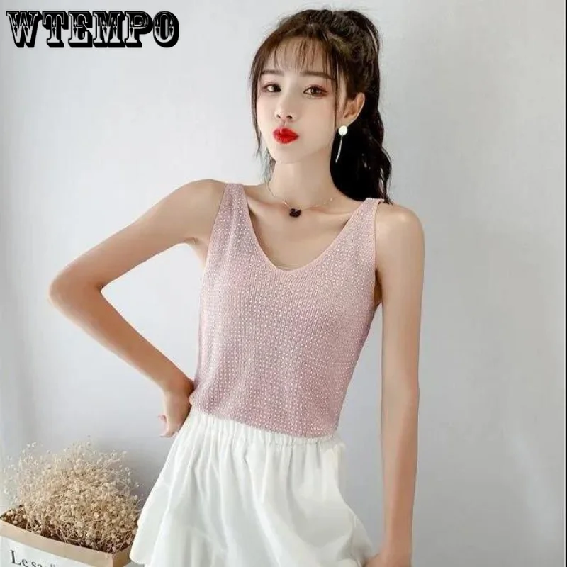 Summer Women\'s Ice Silk Diamond Camisole  Loose Sleeveless V-neck Bottoming Shirt Tank Crop Tops