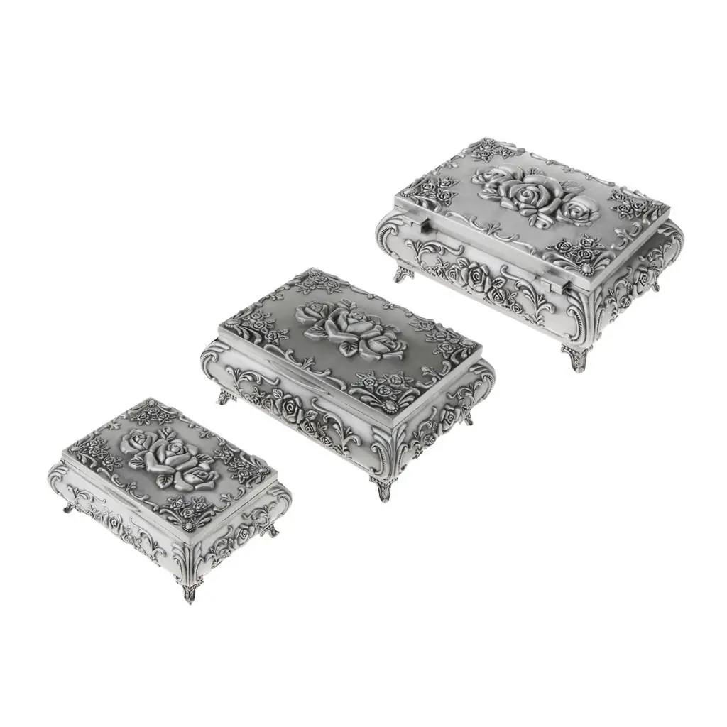 MagiDeal Rectangle Tall Stand Jewelry Box Trinkets Storage Showcase Rose Flower Zinc Alloy Rose Flower Embossed