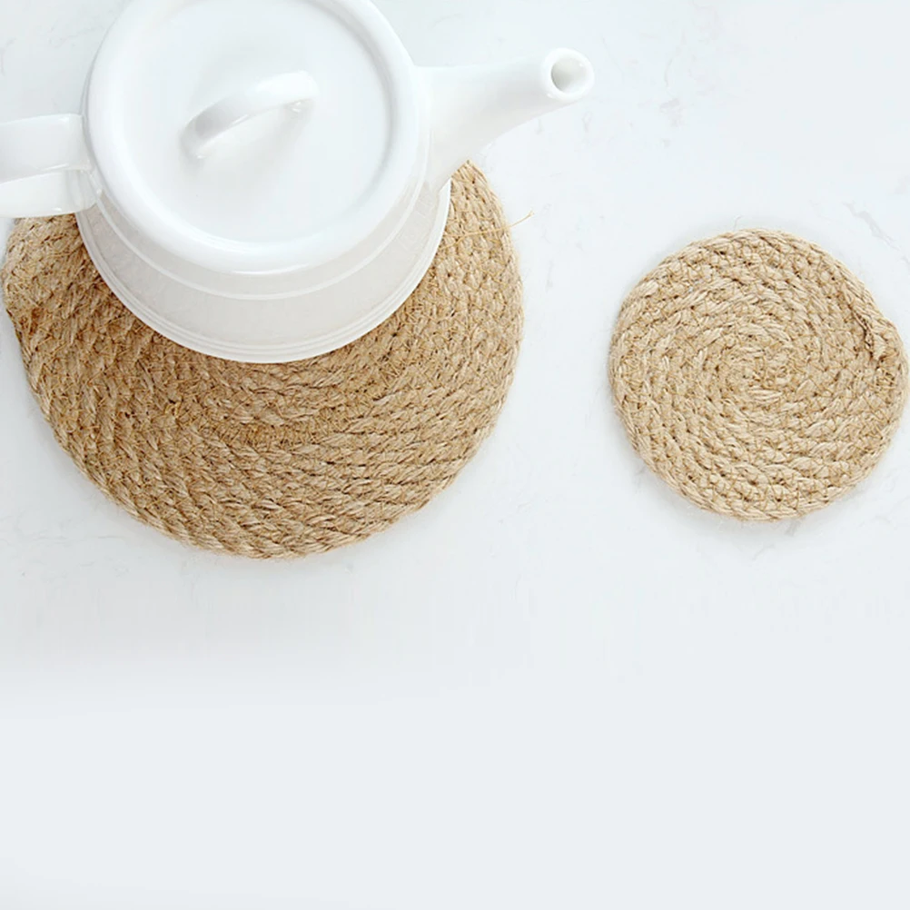 

1Set Heat Resistant Placemat Household Coaster Linen Straw Woven Round Shape 11cm 18cm 30cm Hot-Proof Non-Slip