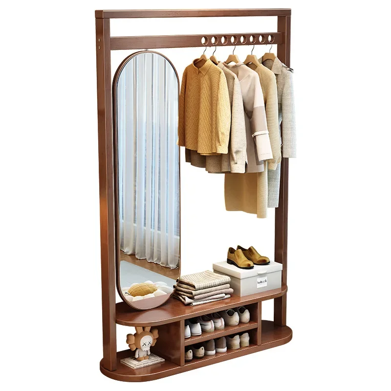 

Solid wood coat rack, full-length mirror integrated, household room can rotate into the home full-length mirror, clothes rack,