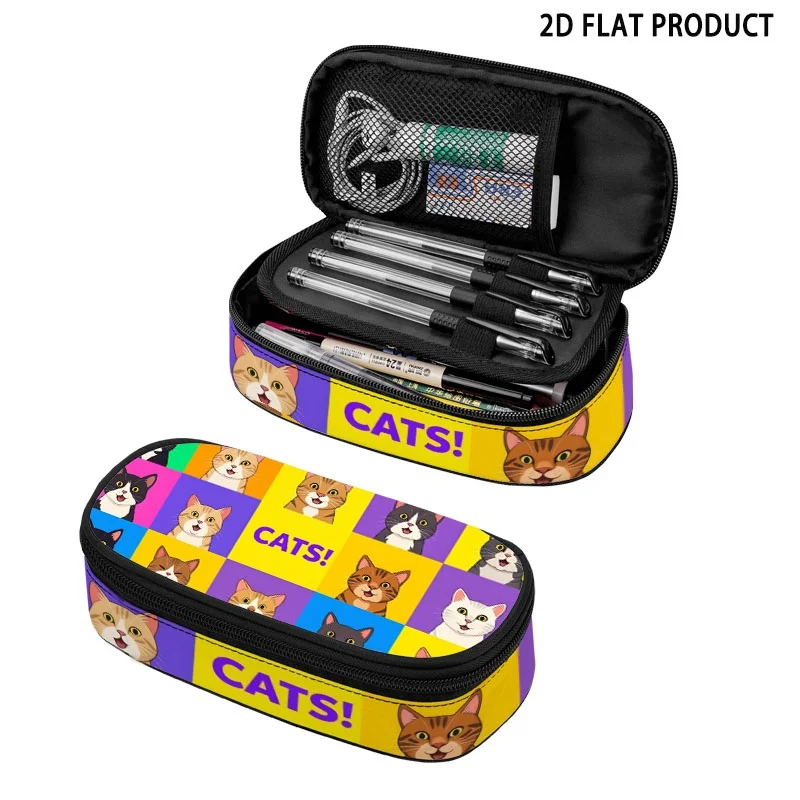 Colorful Grid Cartoon Cat Print Pencil Case, Polyester Pencil Pouch with Zipper Compartment, Cute Cat Pattern Stationery Bag