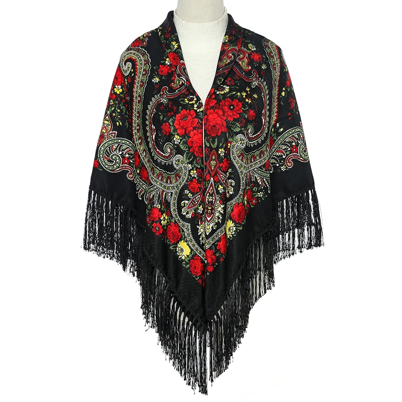 51*51in Women Scarf Square Shawl Retro Fringed Cotton Print Scarves Hijab Wraps Russian Ukrainian embroidery Cape Bandana