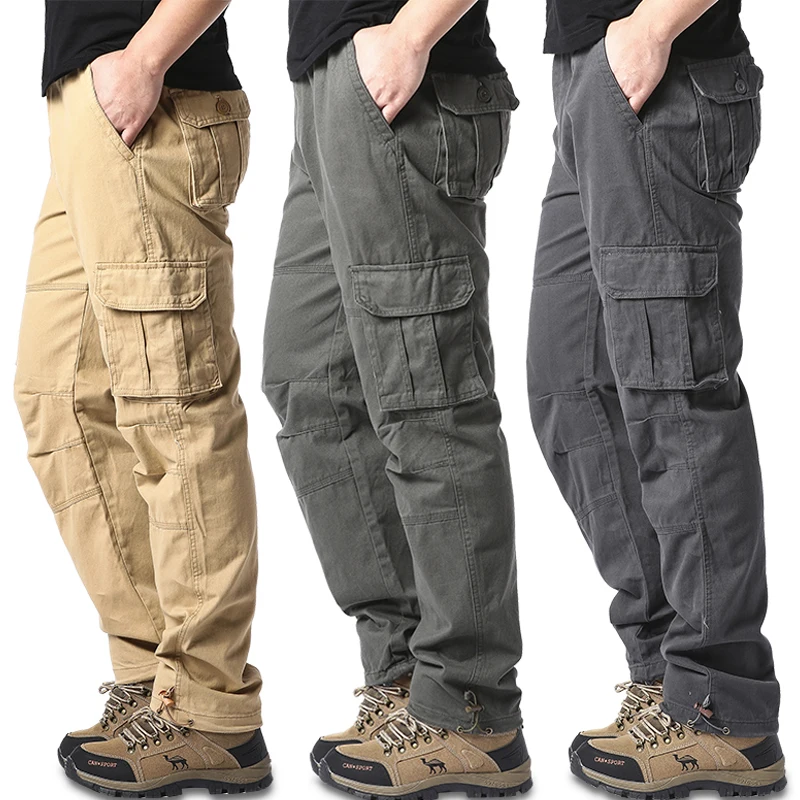 Large Pocket Loose Overalls Men\'s Outdoor Sports Jogging Tactical Pants Elastic Waist Pure Cotton Casual Work Pants