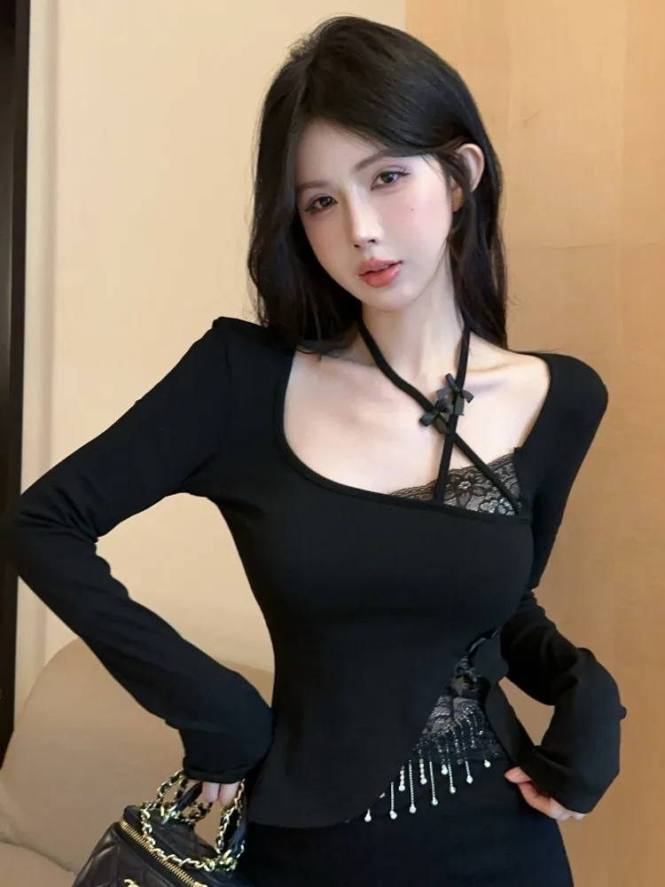 

Pure Desire Sexy Lace Neck Hanging Long Sleeve Women's Base Shirt Spring Inner Wear Sexy Slim Short Top T-Shirt