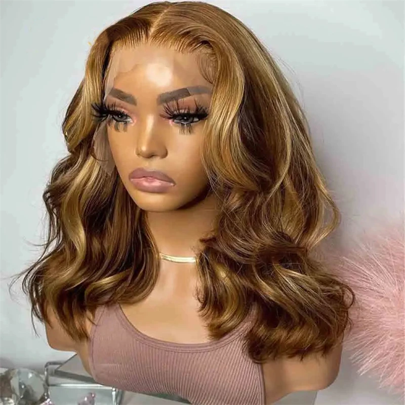 Short Bob Ash Blonde Lace Frontal Wig 100% Human Hair Brown Highlight 13x4 Water Wave HD Lace Front Human Hair Wigs For Women