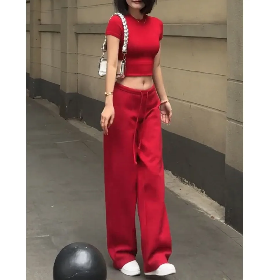 

High Waist Loose Fit Wide Leg Pants Women's Spring New Sle Casual Red Sports Pants Floor Length Straight Cut Women's Trousers