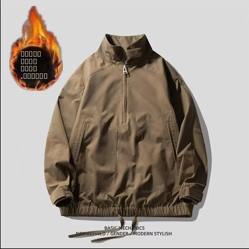 

Retro American Brown Men's Casual Fce Lined Jaet Spring Autumn Workwear Windbreaker Long Sve Regular Fit Youth Jaet