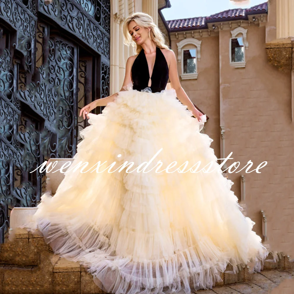 Exquisite A-Line Yellow Floor Length V Neck Tulle Sleeveless Evening Dress Elegant Bow Pleats Tiered Saudi Arabia Party Grows