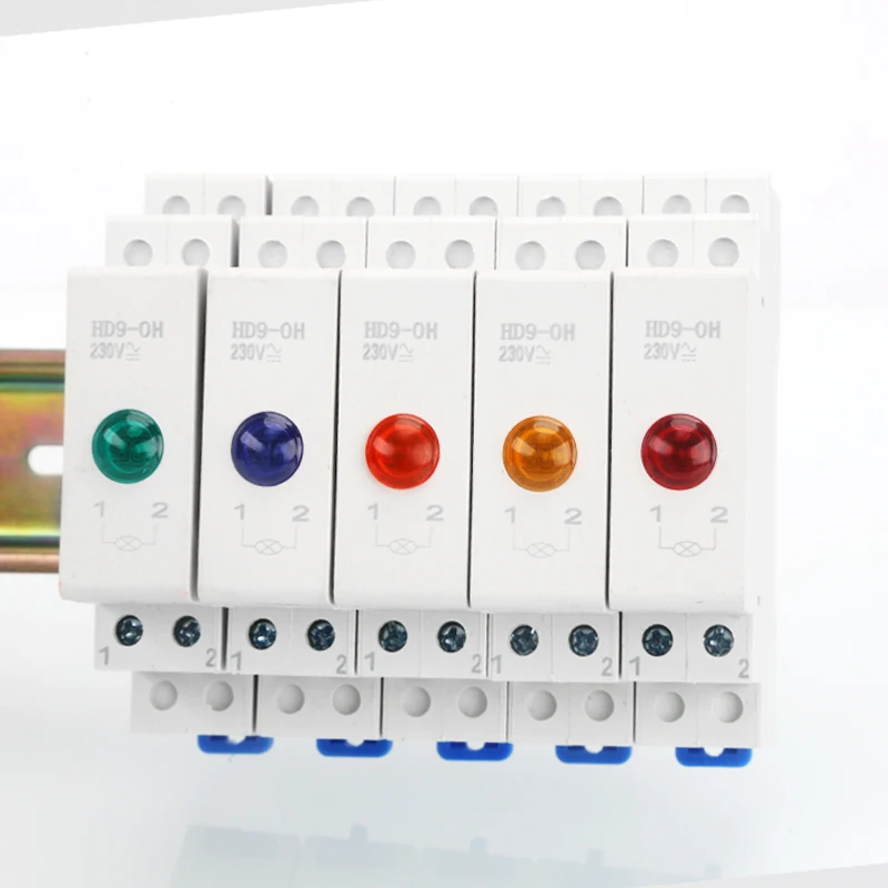 HD9 DIN montage sur Rail LED lampe de signalisation série 9mm 18mm 220V indiquant des feux pilotes rouge bleu jaune vert Signal d'alimentation