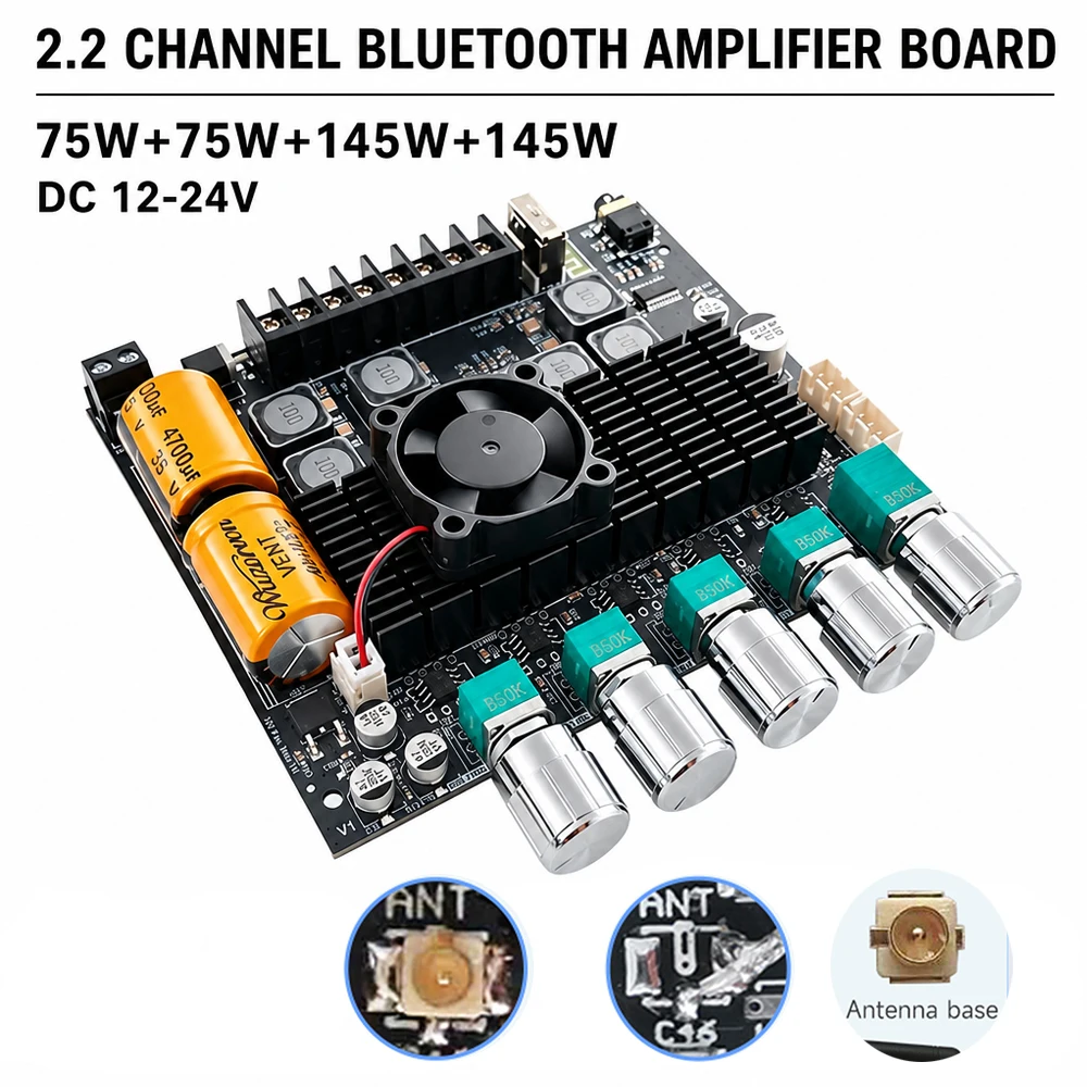 Placa Amplificadora Bluetooth ZK-TB22 DC 12-24V com Subwoofer Duplo Aprimorado, 2.2 Canais, 75W+75W+145W+145W, Alto-falante Estéreo HiFi