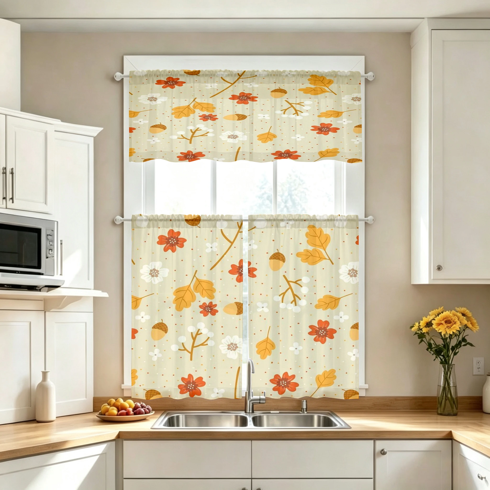 Thanksgiving Fall Kitchen Curtains, Acorn Flower Leaf, Digital Print, Kitchen Dining Room, Rod Pocket Polyester, Home Decor