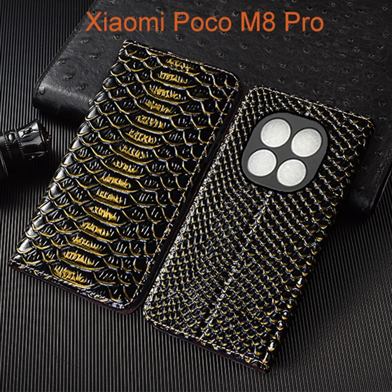 Genuine Leather Flip Case For Xiaomi Poco M8 M8s Pro Phone Cover Card Cases Dragon Scale Handmade