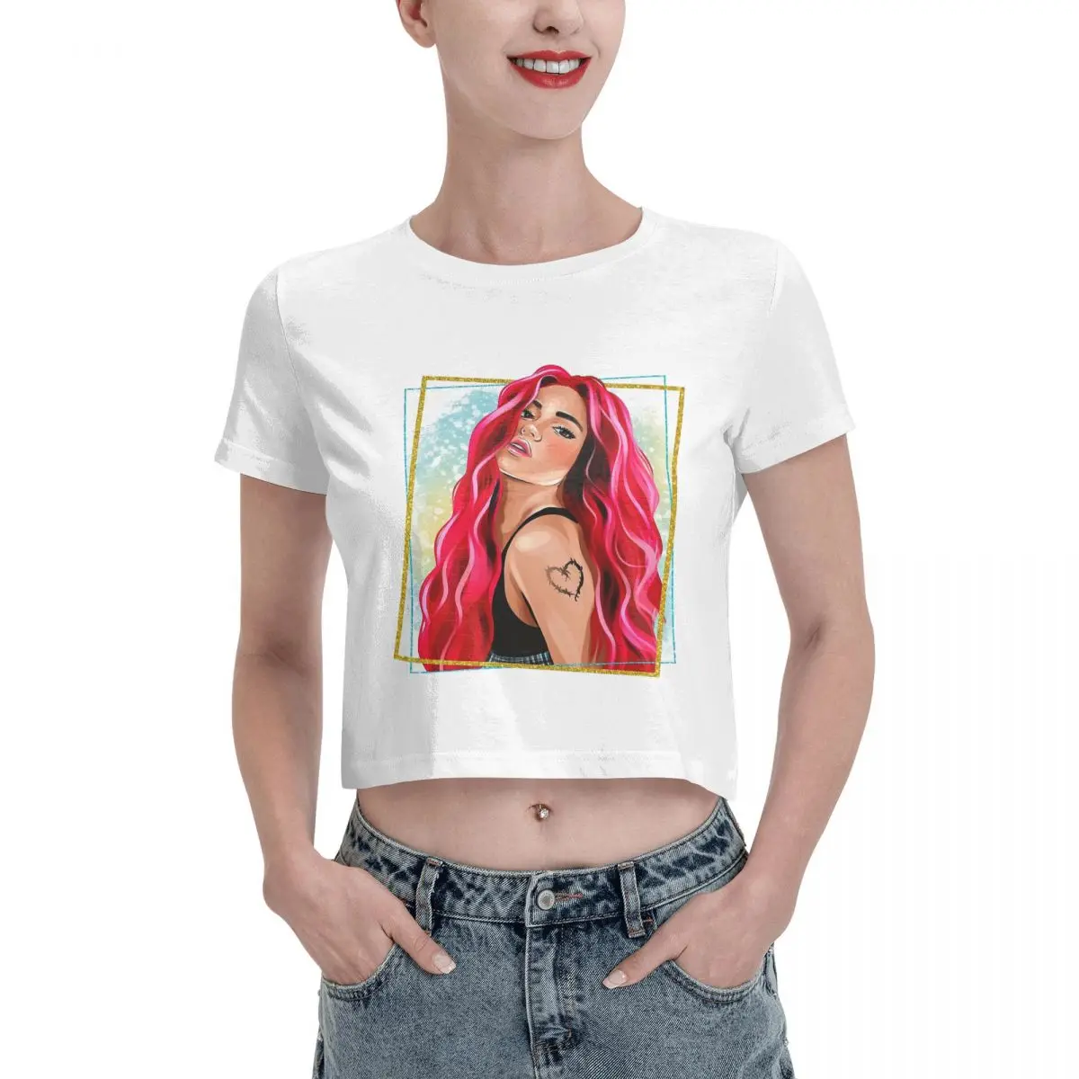 

Singer Karol G Graphic Bichota Leak navel T-shirt, Womens Summer Cotton Tee Fashion Crew Neck Short Sleeve T Shirts