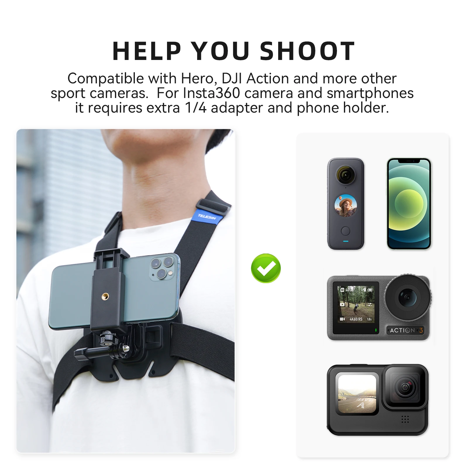 伸縮式チェストストラップマウント、ウエストコートベルト、goproヒーロー13、12、11、10、9、8、7、6、5、insta360、djiアクションカメラアクセサリー