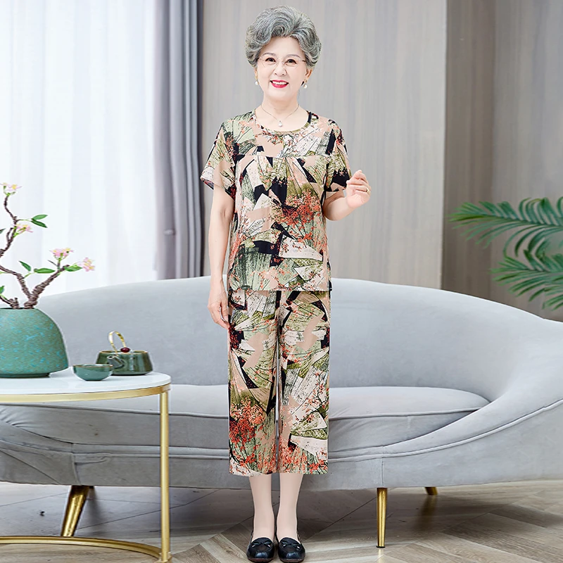 

NEW Middle Aged Elderly Mother Cotton Silk Suit Casual Print Short Sleeve Top + Pants 2 Piece Set Femme Outfit Women Summer Sets
