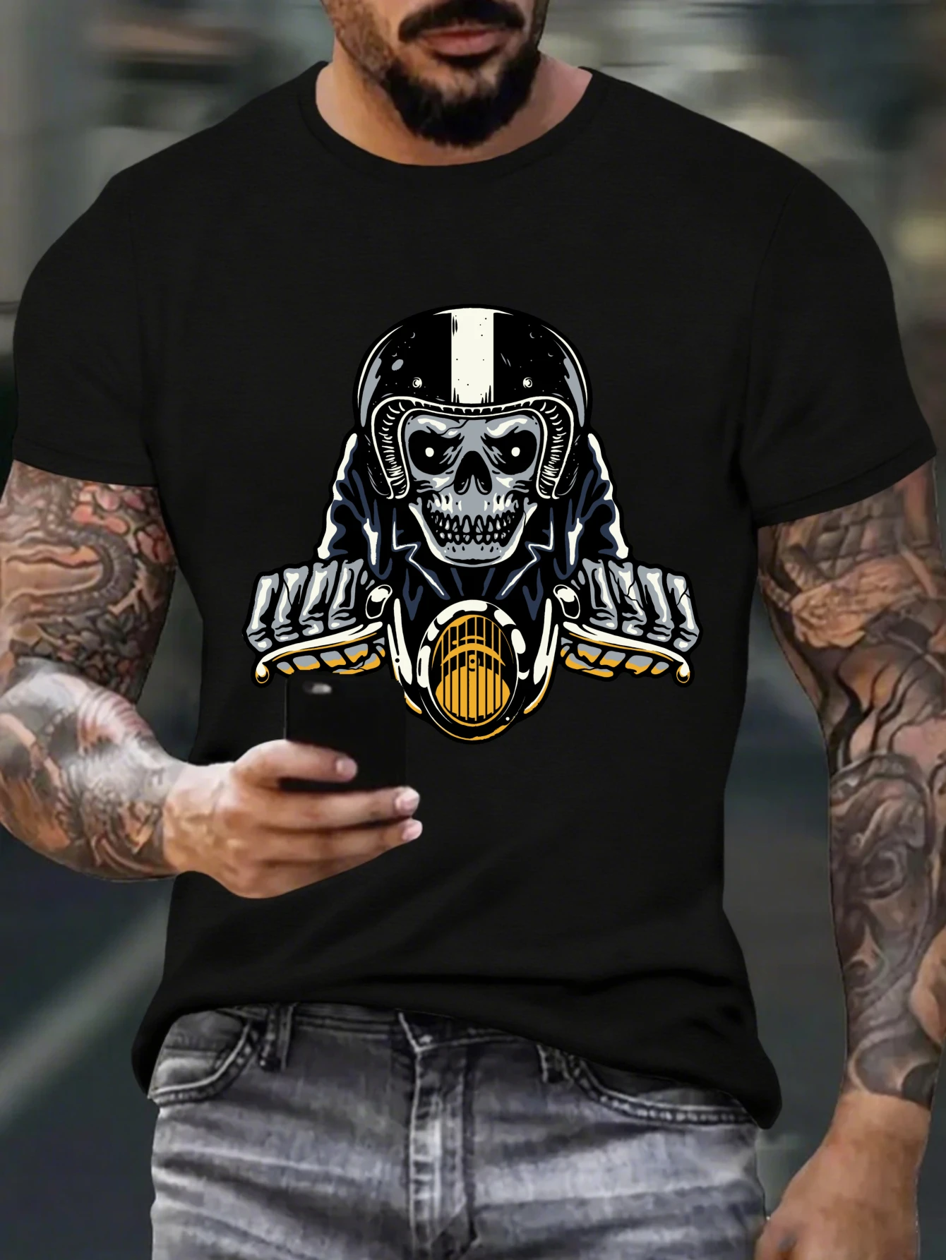 

Retro Biker Wolf Graphic T-Shirt for Men, Motorcycle Style Short Sleeve Tee, Casual Biker Wolf Print Tops
