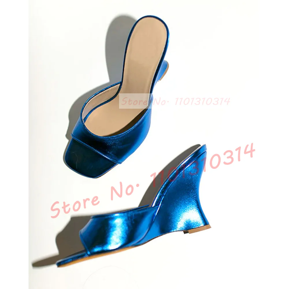 Blue Metallic Wedges Slippers Women Outdoor Shiny Leather Casual Party Shoes Female Luxury Open Toe White Elegant High Heels