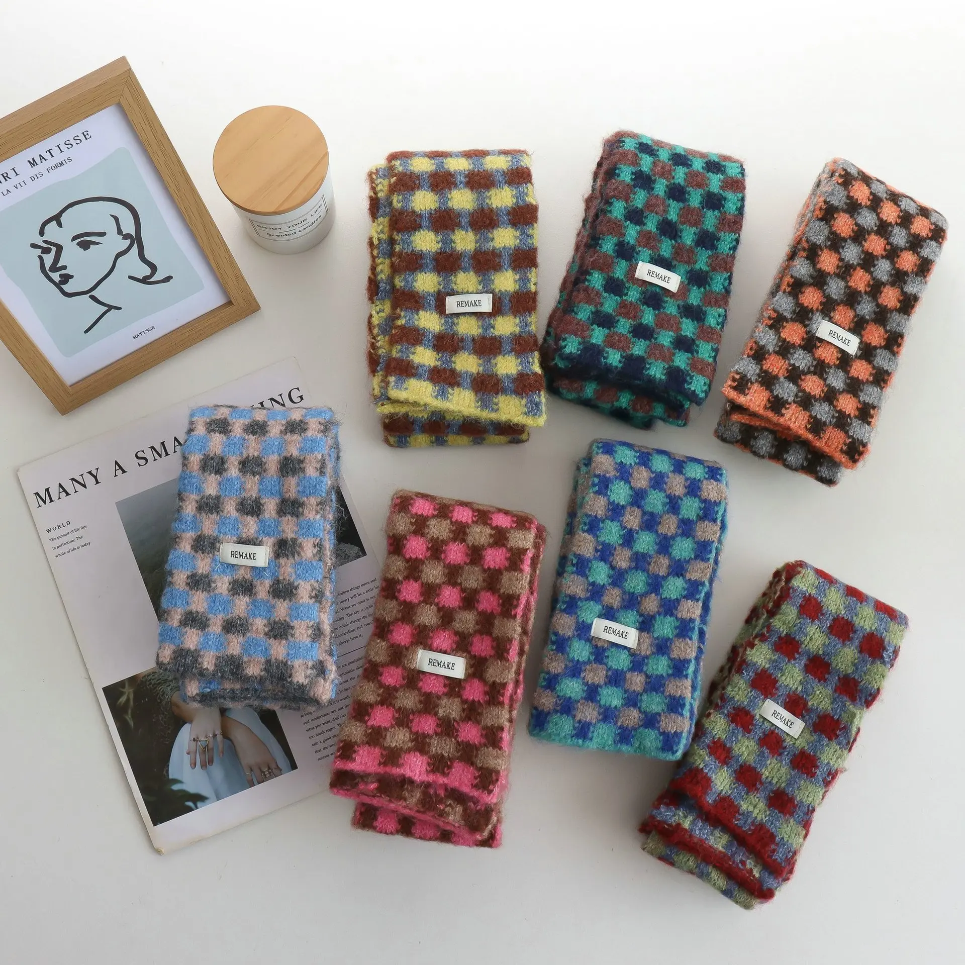 Korean Style Retro Color-Contrast Check Small Scarf Women's Autumn Winter Concave Fashionable Design Knitted Long Scarf Warm