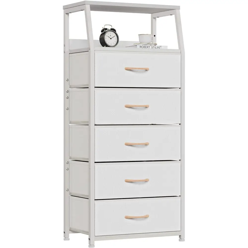 

5-Drawer White Dresser with Storage Tower for Bedroom, Hallway, Entryway, Nursery, and Closet Organizer