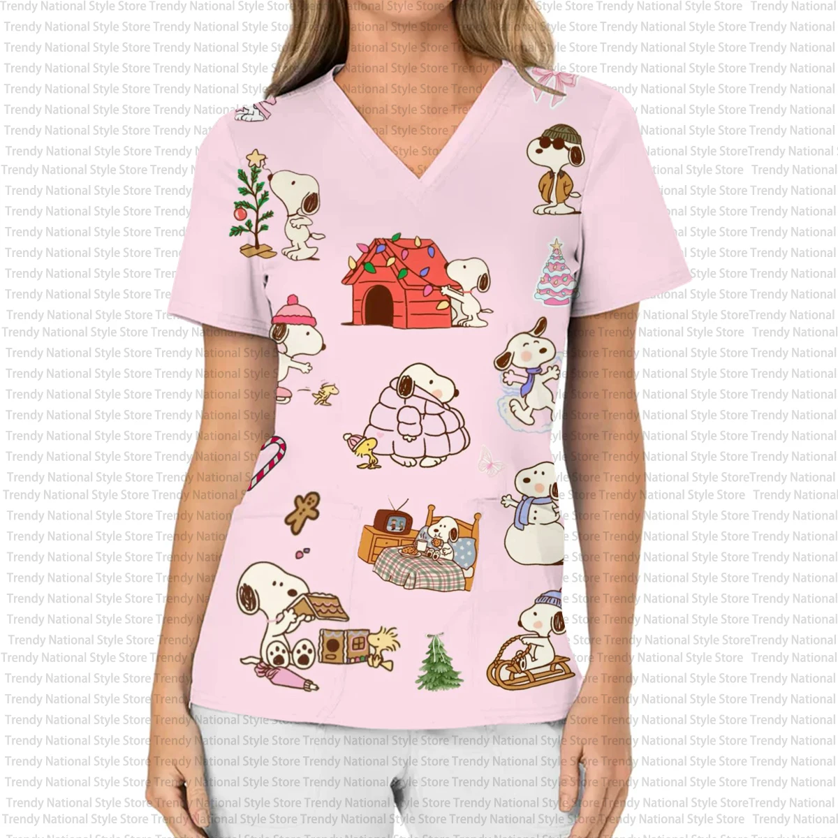 Surgical Gown Uniforms for Nurse Beauty Salon Medical Care Surgical Gowns New Christmas Snoopy Print Dental Women's T-shirt