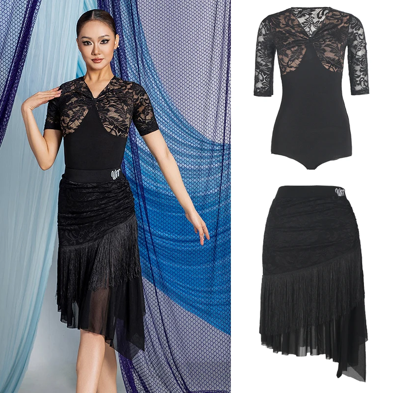 

Adults Latin Dance Competition Costume Sexy Lace Sleeves Latin Top Fringed Skirts Women'S Tango Ballroom Dance Clothing SL12594