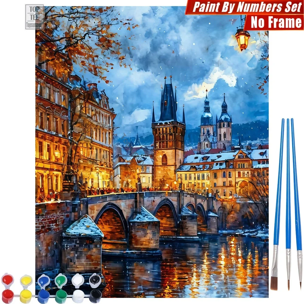 1pc frameless Prague Snowy Night DIY Paints By Number Kit - Prague Snowy Charles Room Decor New Year's Day Gift For Colleague